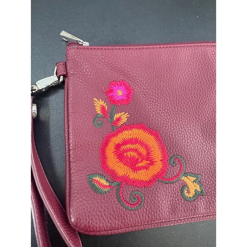 Jewell by Thirty-One Burgundy Faux Leather Floral Embroidered Wristlet Clutch